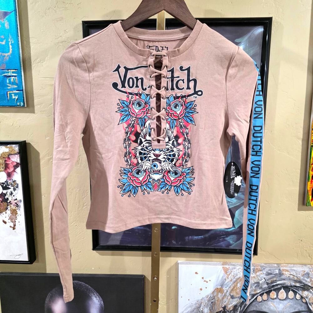 NWT Von Dutch Y2K Style Deadstock Grunge Tiger Baby Doll Tee Brown Size Medium